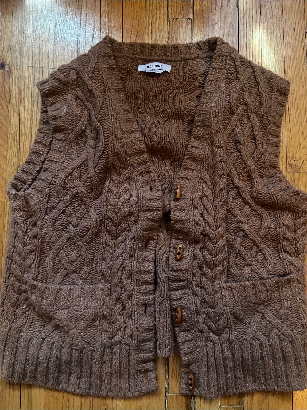 Re/Done Caramel Brown Knit Wool Button Front Sweater Vest Size M